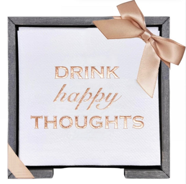 Drink Happy Thoughts Smoked Oak Cocktail Napkin Hostess Set